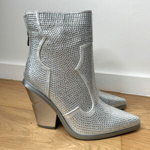 NEW Azalea Wang Silver Soulard Bling Rhinestone Western Cowboy Booties/Boot
